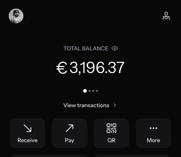 A screenshot of a mobile banking or payment app displays a "TOTAL BALANCE" of €3,196.37, with options to "View transactions" and action buttons for "Receive," "Pay," "QR," and "More," likely highlighting the user's finances amid the online controversy mentioned in the post.