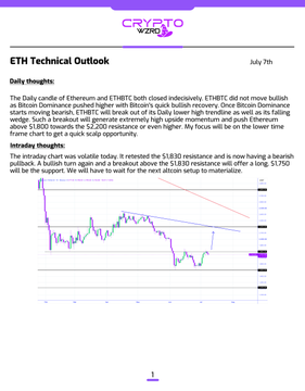 The image shows a daily technical analysis chart for Ethereum (ETH) dated July 7th, featuring candlestick price action with a descending trendline and support levels marked near $1,750-$1,830. The accompanying text explains that ETH's indecisive close makes Bitcoin's direction the key factor, with holding above $1,830 resistance signaling a long position while a break below $1,750 suggests further weakness.