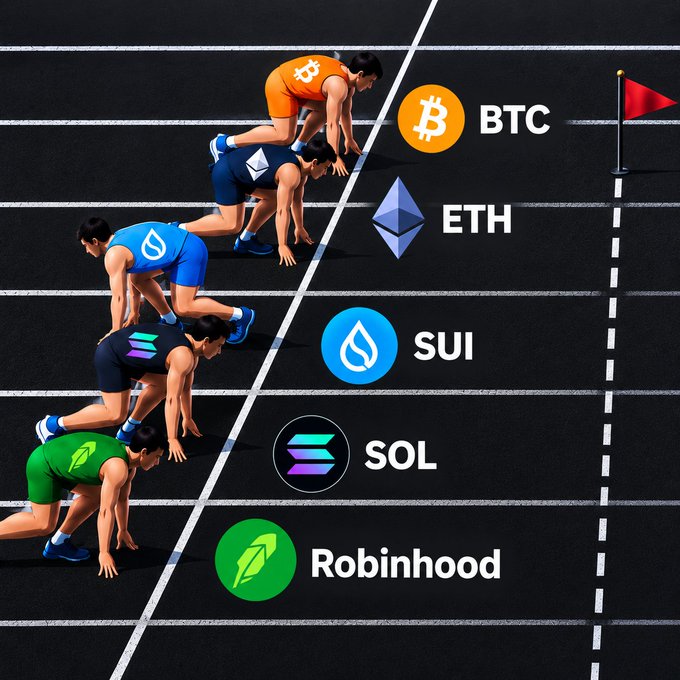 A creative image showing runners at a starting line in a race, with their uniforms and logos representing BTC, ETH, SUI, SOL, and Robinhood.
