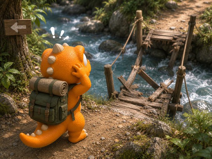 A 3D-rendered orange dinosaur character with a backpack looking surprised at a broken wooden bridge over a rushing river.