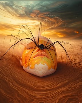 A surreal digital artwork featuring a large, spindly-legged spider perched atop an orange, melting head in a vast desert landscape under a dramatic, fiery sky. The image exemplifies the dreamlike, unsettling style of the artist's new collection now being showcased on Objkt.