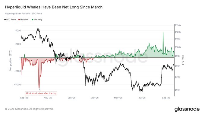 A Glassnode chart titled 'Hyperliquid Whales Have Been Net Long Since March', showing BTC price and net short/long positions from late 2025 into 2026.