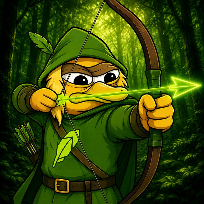 A cartoon illustration of a yellow-faced archer character dressed as Robin Hood in green, drawing a glowing green energy arrow in a forest setting.