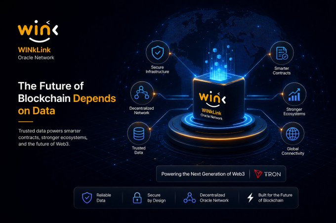 A promotional graphic for WINkLink Oracle Network, featuring a central glowing cube connected to icons representing Secure Infrastructure, Smarter Contracts, Stronger Ecosystems, Global Connectivity, Trusted Data, and a Decentralized Network, with text reading 'The Future of Blockchain Depends on Data' and 'Powering the Next Generation of Web3' alongside the TRON logo.