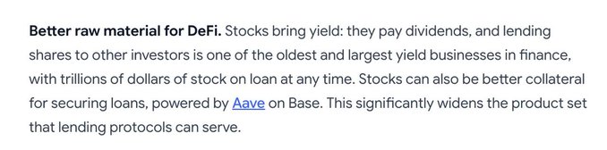 A text excerpt discussing DeFi, explaining that stocks provide yield through dividends and lending, and can serve as better collateral via Aave on Base.