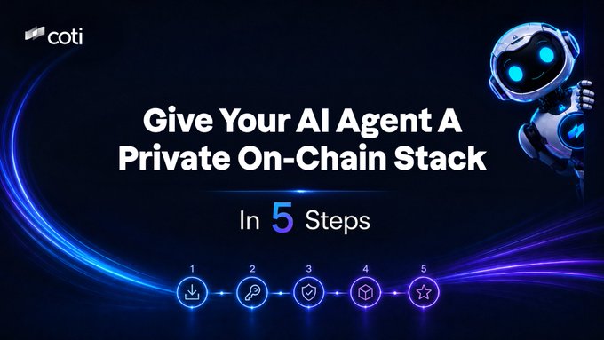 xtrp is a logo for the company COTI, accompanied by a robot character and text promoting private on-chain stack solutions.