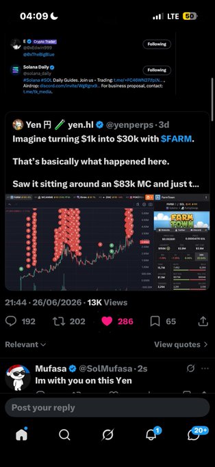 A Twitter/X screenshot shows a post from Yen (@yenperps) captioned "Imagine turning $1k into $30k with $FARM. That's basically what happened here," featuring a candlestick chart of $FARM, alongside a comment from Mufasa (@SolMufasa) saying "Im with you on this Yen," with the post context referencing a crypto address and a request for a winning trade.