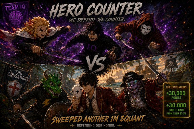 A graphic for 'HERO COUNTER' featuring anime-style characters, with 'TEAM IQ' on top and 'THE CRUSADERS' on the bottom, including the text 'WE DEFEND. WE COUNTER.', 'SWEEPED ANOTHER IM SQUANT DEFENDING OUR HONOR.', and '+30,000 POINTS' indicators.