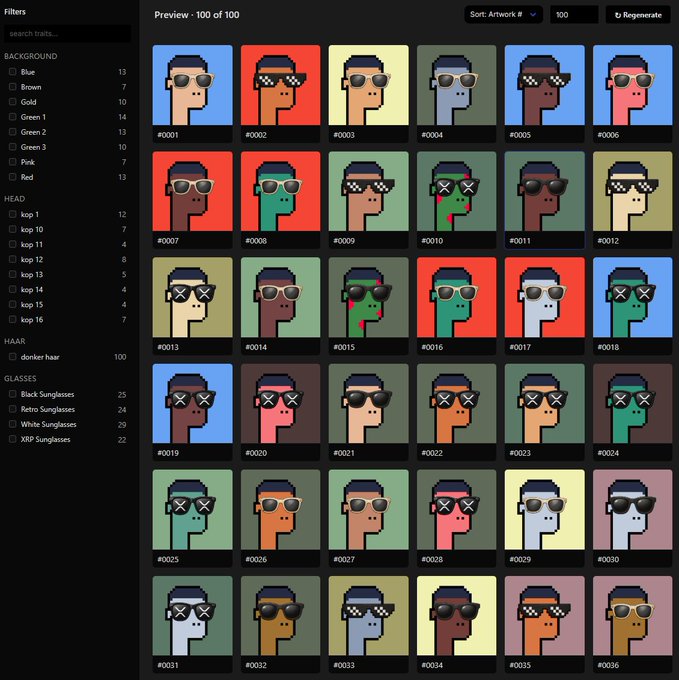 A grid of pixel-art NFT-style profile pictures (PFPs) with filters for background, head, hair, and glasses, showing variations of characters with sunglasses and 'deal with it' glasses on numbered tiles.