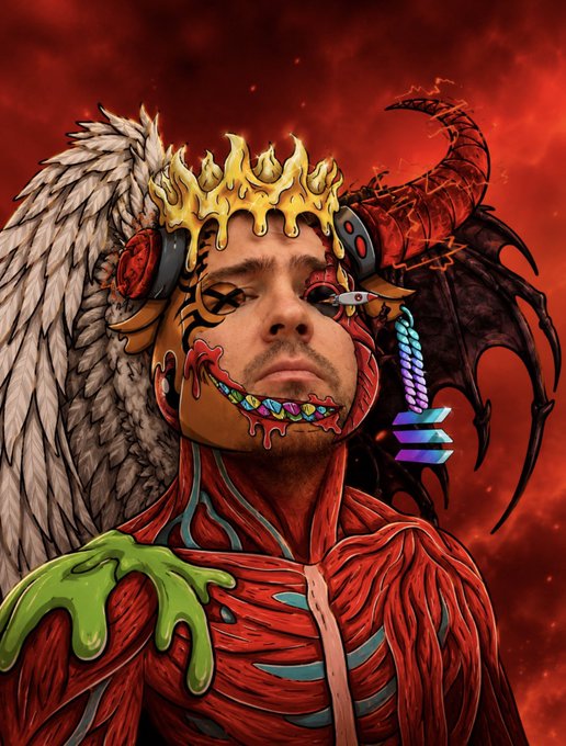 The image depicts a man mid-mutation with a golden dripping crown, white angel wings, and black demon wings, his red muscular chest exposed with green slime, while wearing a necklace with an Ethereum logo and a red '20' emblem.