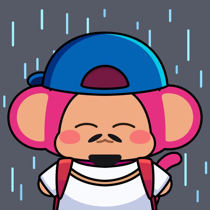 A cute cartoon illustration of a character with large pink mouse-like ears, a blue cap, and a white shirt smiling in the rain.