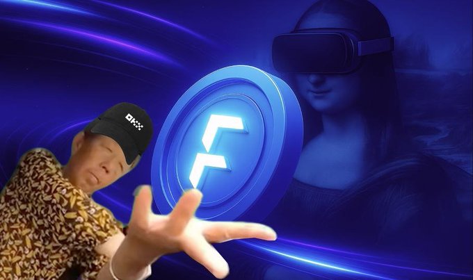 A person wearing a DHX-branded blindfold reaches toward a glowing blue FLOCK token, set against a backdrop featuring a figure in a VR headset—symbolizing AI and immersive technology, aligning with the announcement of $FLOCK perpetual futures launching on OKX.