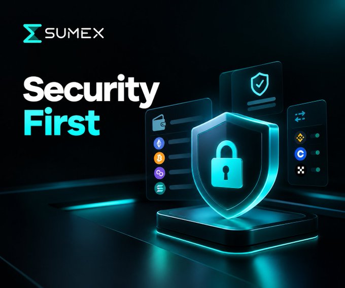 Promotional graphic for 'SUMEX' with the text 'Security First', featuring a glowing teal padlock shield and various cryptocurrency icons.