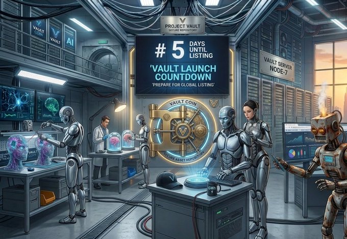 A futuristic high-tech laboratory features humanoid robots and humanoid robots working alongside a human scientist, with a prominent countdown display reading "#5 DAYS UNTIL LISTING" and "'VAULT LAUNCH COUNTDOWN' PREPARE FOR GLOBAL LISTING," alongside a glowing "VAULT COIN" emblem. Branding for "PROJECT VAULT," "VAULT SERVER NODE-7," and "AI" tags throughout the facility reinforce the image's connection to the post announcing that "$VaultAI officially launches on the Solana blockchain" in 5 days.