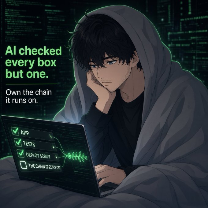 An anime-style illustration shows a hooded man on a laptop with checklist items (APP, TESTS, DEPLOY SCRIPT checked; THE CHAIN IT RUNS ON unchecked), captioned "AI checked every box but one. Own the chain it runs on."