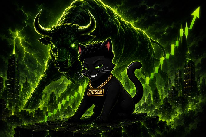 A dark, stylized graphic featuring a black cat wearing a 'CATSEM' gold tag in the foreground, a glowing green bull behind it, green candlestick charts rising on the right, and a stormy city skyline.