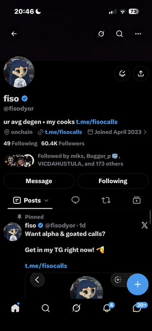 A screenshot of a Twitter/X profile for "fiso" (@fisodyor) with 60.4K followers, featuring a pinned post asking "Want alpha & goated calls?" and a pinned Telegram link.