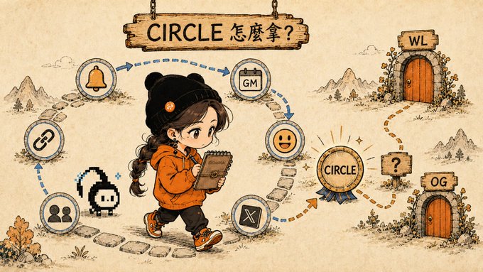 Illustrated “CIRCLE 怎么拿?” graphic showing a character following a looping path of social-media and community symbols toward a “CIRCLE” token and doors labeled “WL” and “OG.”