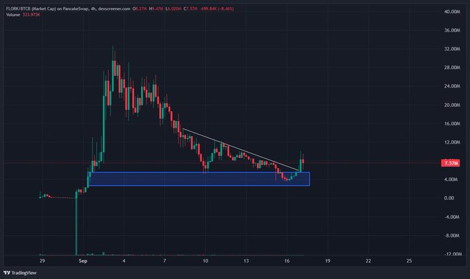 A TradingView candlestick chart for FLORK/USDT on PancakeSwap shows the token breaking out of a descending triangle pattern, currently trading at 7.570 with a 9.46% daily gain, supporting the post's bullish breakout thesis following Binance's social media attention to the meme coin.