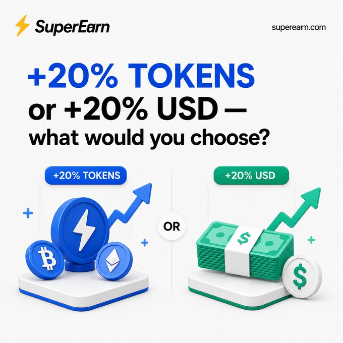 A SuperEarn advertisement on superearn.com asking '+20% TOKENS or +20% USD — what would you choose?' with illustrations of cryptocurrency coins and cash stacks.