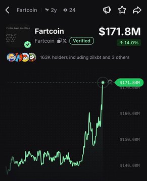 The image shows a 2-year price chart of Fartcoin (Fartcoin), currently valued at $171.8M with a 14% gain, matching the post's claim about the coin "gassing it" as it spikes upward to $171.84 on the chart.