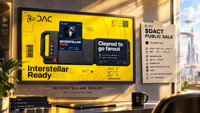 A sci-fi themed digital advertisement for a "$DACT PUBLIC SALE" featuring a "ChainGPT Pad" device with the text "Cleared to go farout" and "INTERSTELLAR READY", set against a futuristic cityscape.