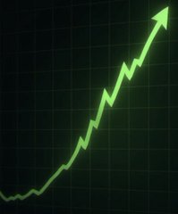 A stylized graphic of a green zigzag line trending upward with an arrow, set against a dark grid background.
