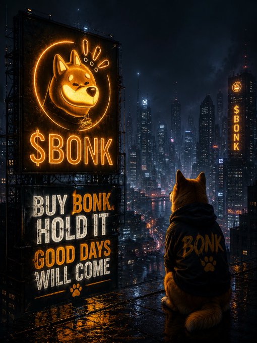 A digital artwork depicting a Shiba Inu dog wearing a 'BONK' hoodie overlooking a cyberpunk city skyline at night, next to glowing neon billboards advertising '$BONK' with the slogan 'BUY BONK HOLD IT GOOD DAYS WILL COME'.