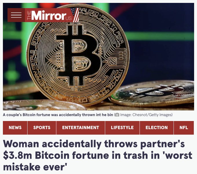 A Mirror US news article headline reads 'Woman accidentally throws partner's $3.8m Bitcoin fortune in trash in "worst mistake ever"', featuring a large gold Bitcoin token image.