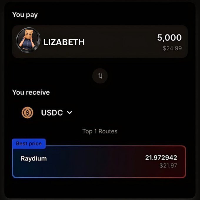 A cryptocurrency swap interface showing a trade of 5,000 LIZABETH tokens (valued at $24.99) for 21.972942 USDC ($21.97) via Raydium, labeled as 'Best price'.