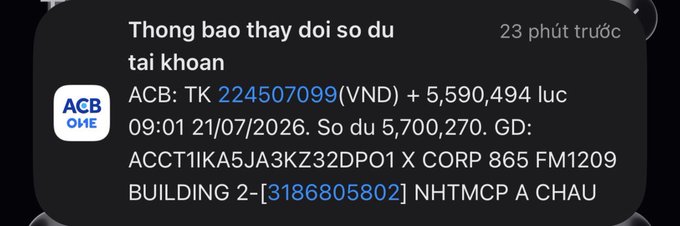 A notification from ACB OMF banking app shows a salary deposit of 5,590,494 VND into account 2245070999, with a current balance of 5,700,270 VND, received on 21/07/2026 from "X CORP." This image illustrates the modest but welcome salary payment that the user "Kylie" received, aligning with the post's message about celebrating the incoming funds from X while acknowledging the amount is smaller than what others may have received.