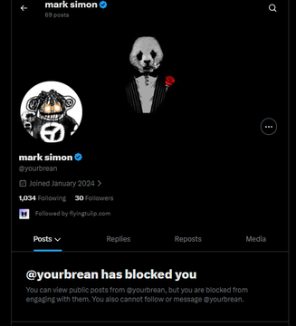 A screenshot of an X (formerly Twitter) profile page for 'mark simon' (@yourbrain) showing that the user '@yourbrain' has blocked the viewer.