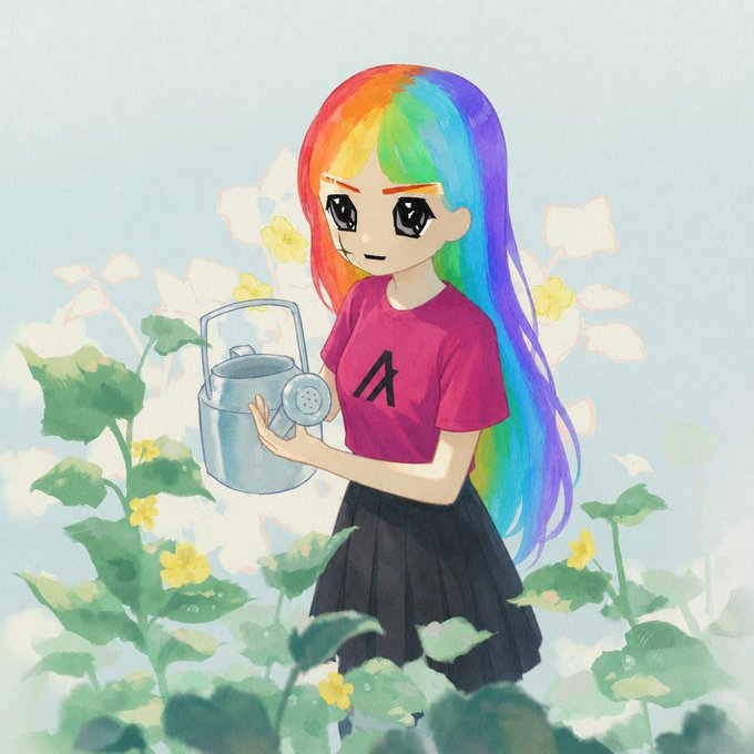 An anime-style illustration depicts a girl with long, flowing rainbow-colored hair wearing a pink t-shirt with an 'A' logo and a black pleated skirt, holding a watering can among green leafy plants and yellow flowers.