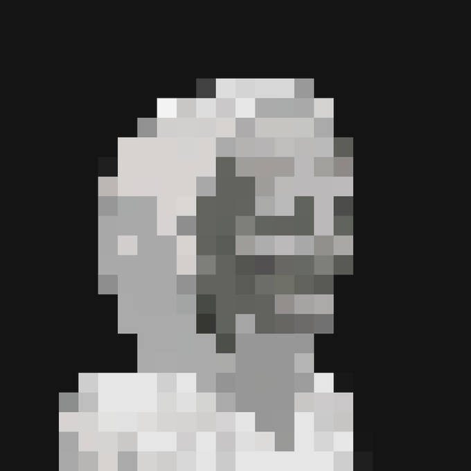 A pixelated grayscale image showing what appears to be a face or figure.