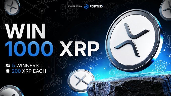 A promotional banner for a FortisX-powered giveaway offering 1000 XRP to 5 winners (200 XRP each), featuring prominent XRP coin imagery and branding that matches the accompanying contest announcement requiring participants to follow, like, repost, and tag a friend by July 27, 2026.