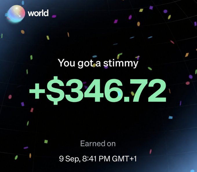 A celebratory earnings notification from World (likely Worldcoin) showing a stimulus payment of +$346.72 earned on 9 Sep at 8:41 PM GMT+1, with confetti graphics on a dark background.