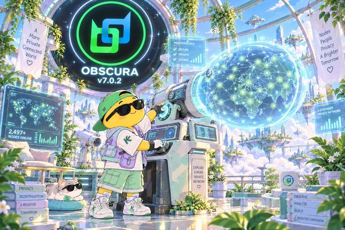 Promotional artwork for 'OBSCURA v7.0.2' featuring a yellow character operating a large machine connected to a glowing digital globe, with text including 'A More Private Connected World' and '2,497+ Nodes Online'.