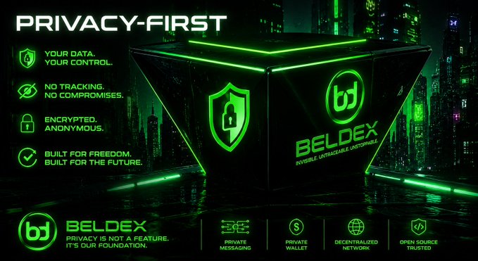 A sleek black and green promotional graphic for "BELDEX" features a futuristic cube displaying the Beldex logo (bd) alongside a shield and padlock icon, set against a cyberpunk cityscape. Text highlights privacy-first principles including "YOUR DATA. YOUR CONTROL," "NO TRACKING. NO COMPROMISES," "ENCRYPTED. ANONYMOUS," and "BUILT FOR FREEDOM. BUILT FOR THE FUTURE," with bottom tags promoting "PRIVATE MESSAGING," "PRIVATE WALLET," "DECENTRALIZED NETWORK," and "OPEN SOURCE TRUSTED." The image visually reinforces the accompanying post's emphasis on Beldex's decentralized VPN network (BelNet) and its commitment to privacy over centralized alternatives.