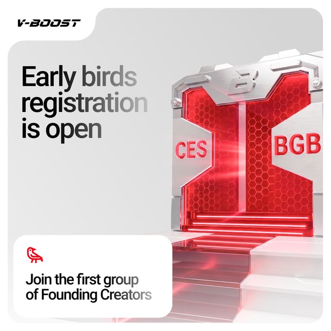 A V-BOOST promotional advertisement for early birds registration to join Founding Creators, featuring a red and silver 3D device with 'CES' and 'BGB' text.
