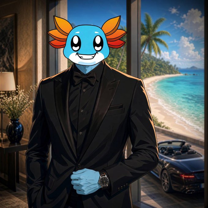An anime-style illustration depicts a character wearing a blue axolotl mask and a black tuxedo with bow tie, standing in a luxurious room with a beach and convertible car visible through the window.