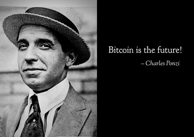 The image features a man dressed in an early 20th century suit with a straw hat, giving him a distinguished and classic appearance reminiscent of the 1920s or 1930s era. The background is black, providing a strong contrast that highlights the man as the main subject. The quote "BITCOIN IS THE FUTURE..." written above the man's head is an intriguing statement related to Bitcoin, possibly a modern reinterpretation of Charles Ponzi's words from his book "Ponzi schemes". This suggests a connection between the historical context of the photograph and the topic being discussed in the post.