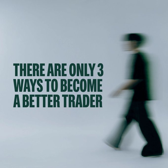 A blurred figure of a person walking appears on the right side of the image, with bold dark green text on the left reading "THERE ARE ONLY 3 WAYS TO BECOME A BETTER TRADER." The motion-blurred walker visually reinforces the post's message about overlooking execution—the third, often neglected pillar of trading success.