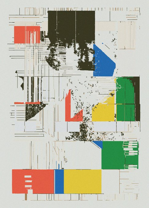 An abstract mixed-media artwork features geometric blocks of color including red, yellow, blue, and green, combined with black and white textures on a textured background.