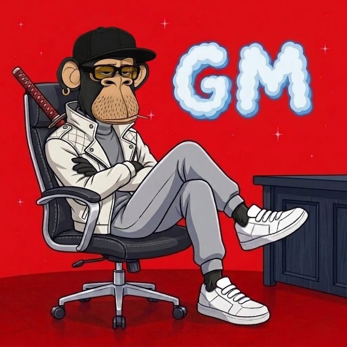 The image features a cartoon monkey sitting in an office chair, wearing glasses and a hat. The monkey has crossed its arms over its chest while seated in the chair. In front of the monkey, there's a desk with a computer monitor on top. The background is red, which complements the cartoon character. The post includes text that reads "Good Morning All My X Family GM Happy weekend. Stay locked in @NomismaNetwork and 3look Super Alpha @useTria".