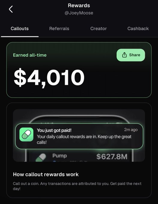 A "Rewards" screenshot for user @JoeyMoose displays all-time earnings of $4,010 under the "Callouts" tab, with a recent notification confirming a payout from daily callout rewards on Pumpfun ($627.8M). The image directly supports the post's claim of earning $4,000 by simply calling out coins on Pumpfun, reinforcing the "free money" opportunity described.