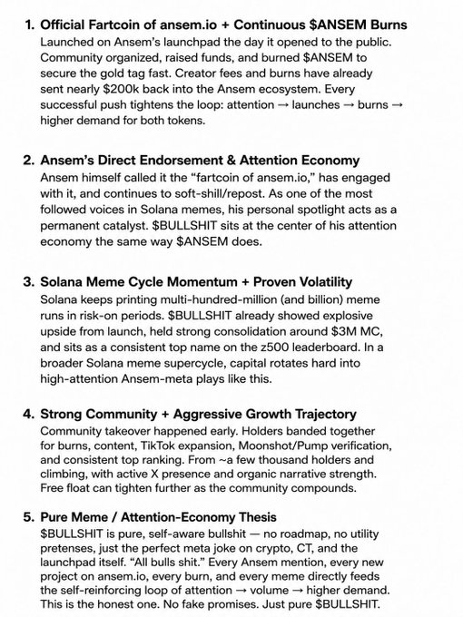 A numbered list outlining five bullish reasons for $BULLSHIT as the main runner on Ansem's launchpad, including nearly $200k in $ANSEM burns, direct endorsement from Ansem, strong community growth from a few thousand holders, and its pure meme/attention-economy positioning with no utility pretenses.
