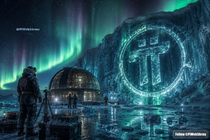 A sci-fi scene with a person filming a glowing 'π' symbol carved into an icy cliff face under the aurora borealis, with '@PIWeb3Army' text visible.
