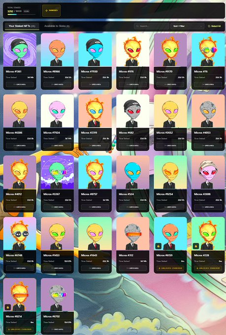 An NFT marketplace interface displaying a grid of 'Micro' collectible alien avatars (#1961-#2991) with various filters like 'Token Staked' and 'Stake Unlocked' on a dark background.