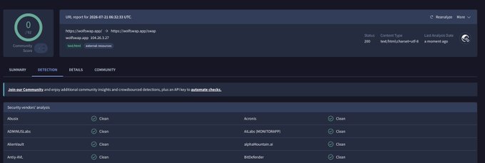 A security analysis report for wolfwarp.app dated 2026-07-16 shows a community score of 0/95 with a "SECURE" status from IPQualityScore, and the Detection tab displays multiple security vendors (AbuseIPDB, ADMINUSLabs, AlienVault, Anty-AVL, Avast, BitDefender, etc.) all flagging the site as "Clean."