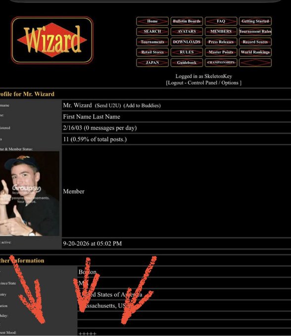 A profile page for "Mr. Wizard" on a message board site, displaying member information including join date (2/16/03), 11 posts (0.59% of total), location in Massachusetts, and a user avatar. The page appears to be unrelated to the accompanying text about Roaring Kitty/Keith Gill and GME community signals, suggesting the image may have been incorrectly paired with that post.